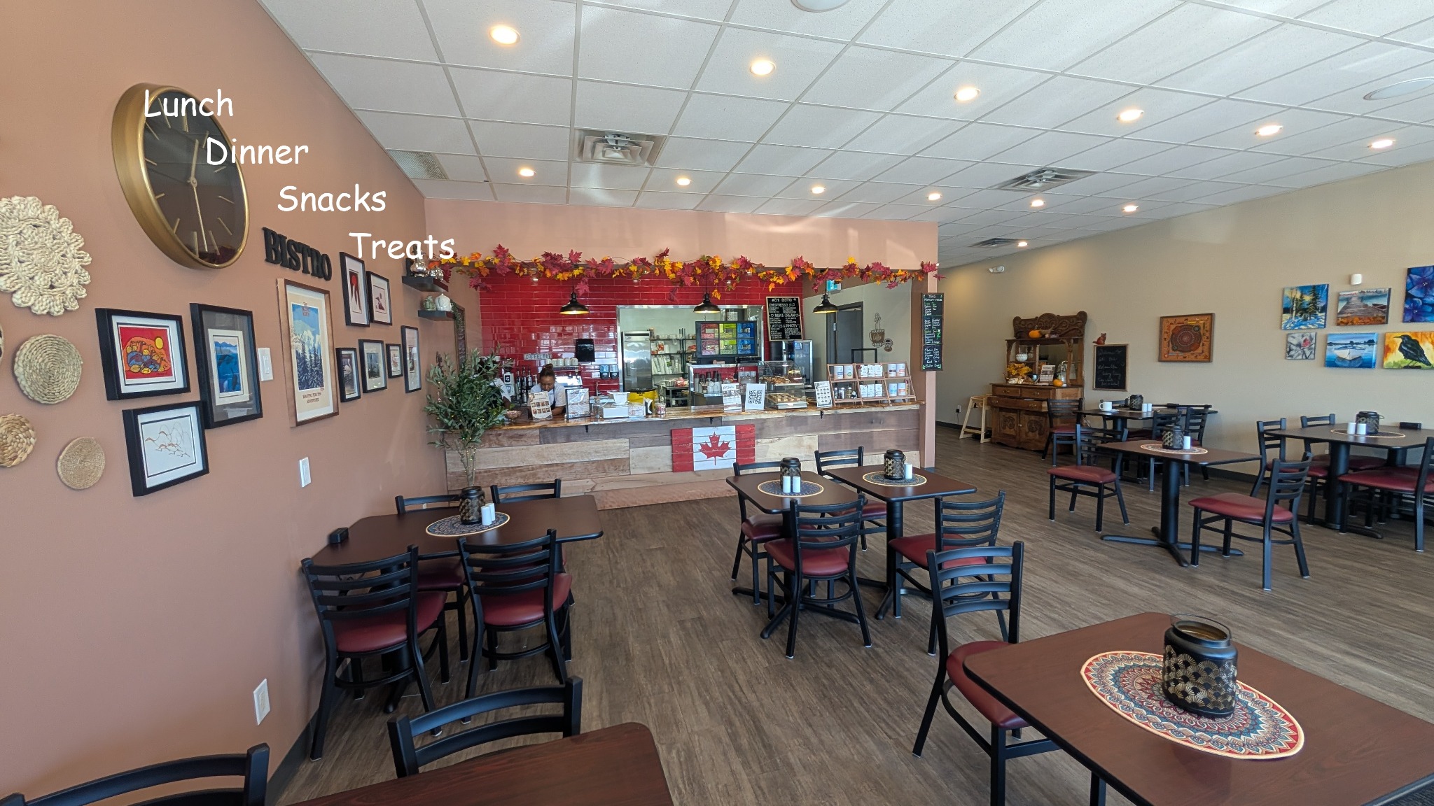 EH! Bistro dining room with tables and service counter
